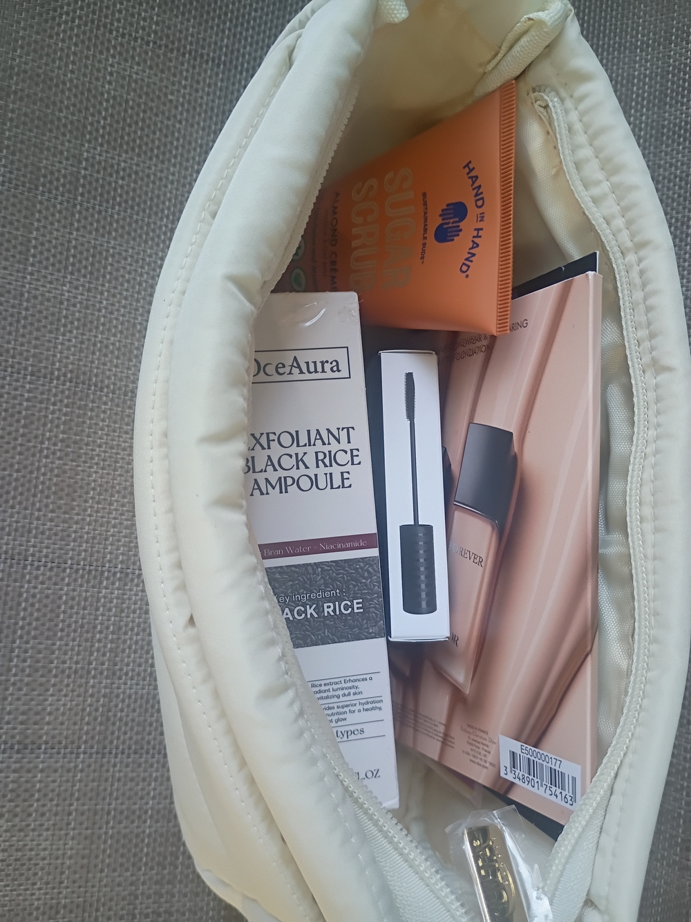 Cream Quilted Cosmetic Bag with Skincare & Makeup